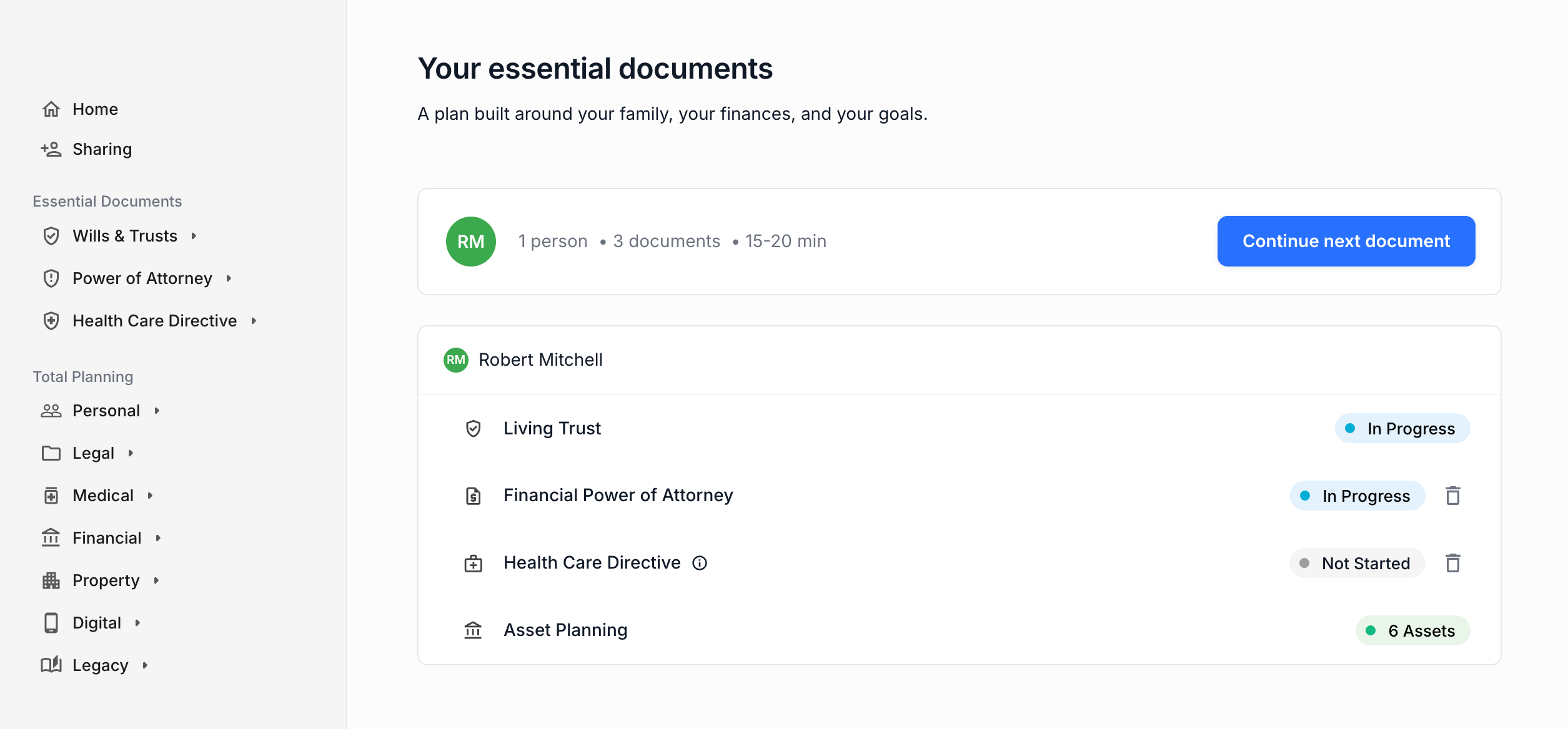Branded estate planning dashboard